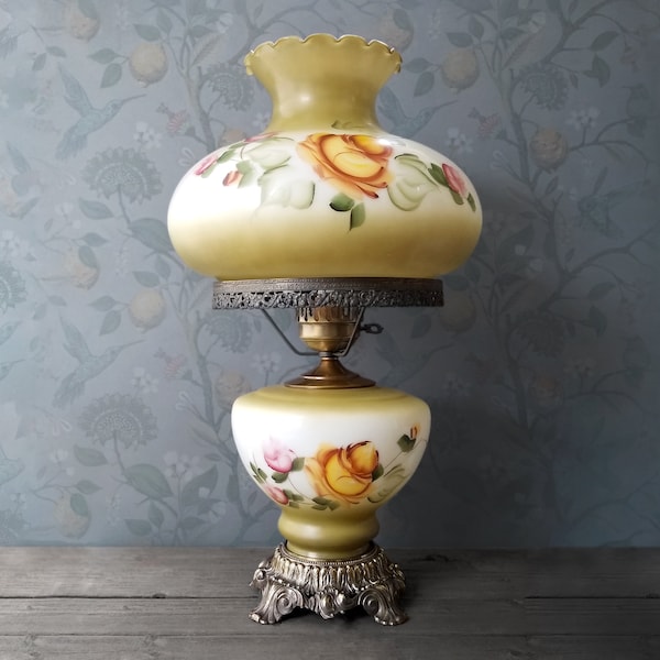 Glass Hurricane Lamp - Hand-Painted Yellow Roses - Floral Electric GWTW Parlor Light - Vintage L&L WMC