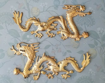 Pair Brass Opposing Dragons Wall Hangings - 17”W Gold Asian Dragons Chasing Ball - Vintage