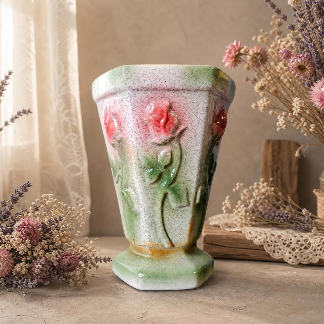Vintage Bloom-rite Crackled Crazed Vase W/ Red Roses - Etsy