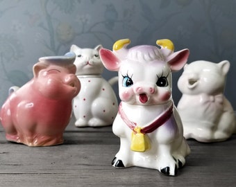 Assorted Vintage Creamers & Sugars - Purple Cow, Lucky Cat, Shawnee Kitten, Pig w/ Blue Hat - Sold Separately (AS-IS)