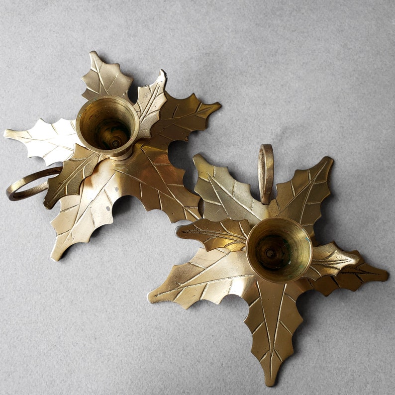 Brass Holly Candle Holders Christmas Taper Chamberstick Etsy