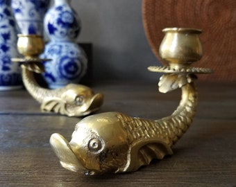 Pair Malta Brass Fish Dolphin Candle Holders - Koi Taper Candlestick Candleholders - Vintage