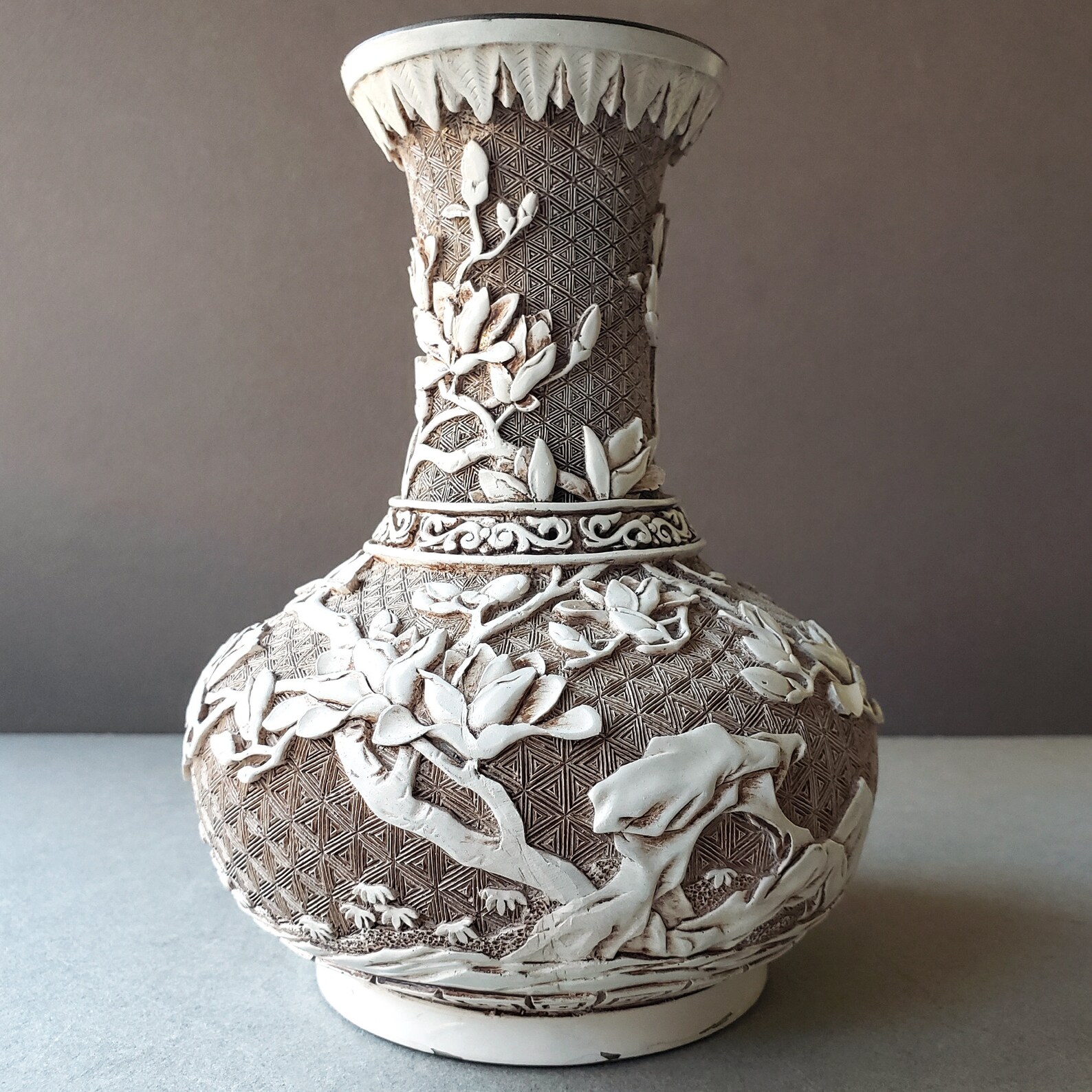 Vintage Brass Vase White Faux Ivory Resin Bird & Flower Etsy