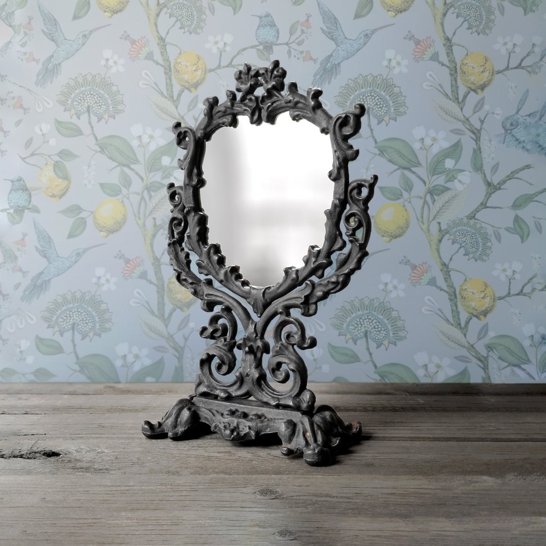 Black Pedestal Vanity Mirror Ornate Rusty Cast Metal Tabletop Swivel
