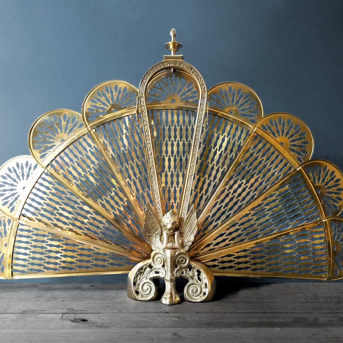 Brass Fireplace Screen Peacock Fan Fire Screen Griffin Etsy