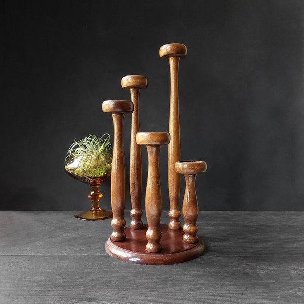 Vintage Wooden Candelabra Centerpiece - 5 Wood Pillar Candle Holder