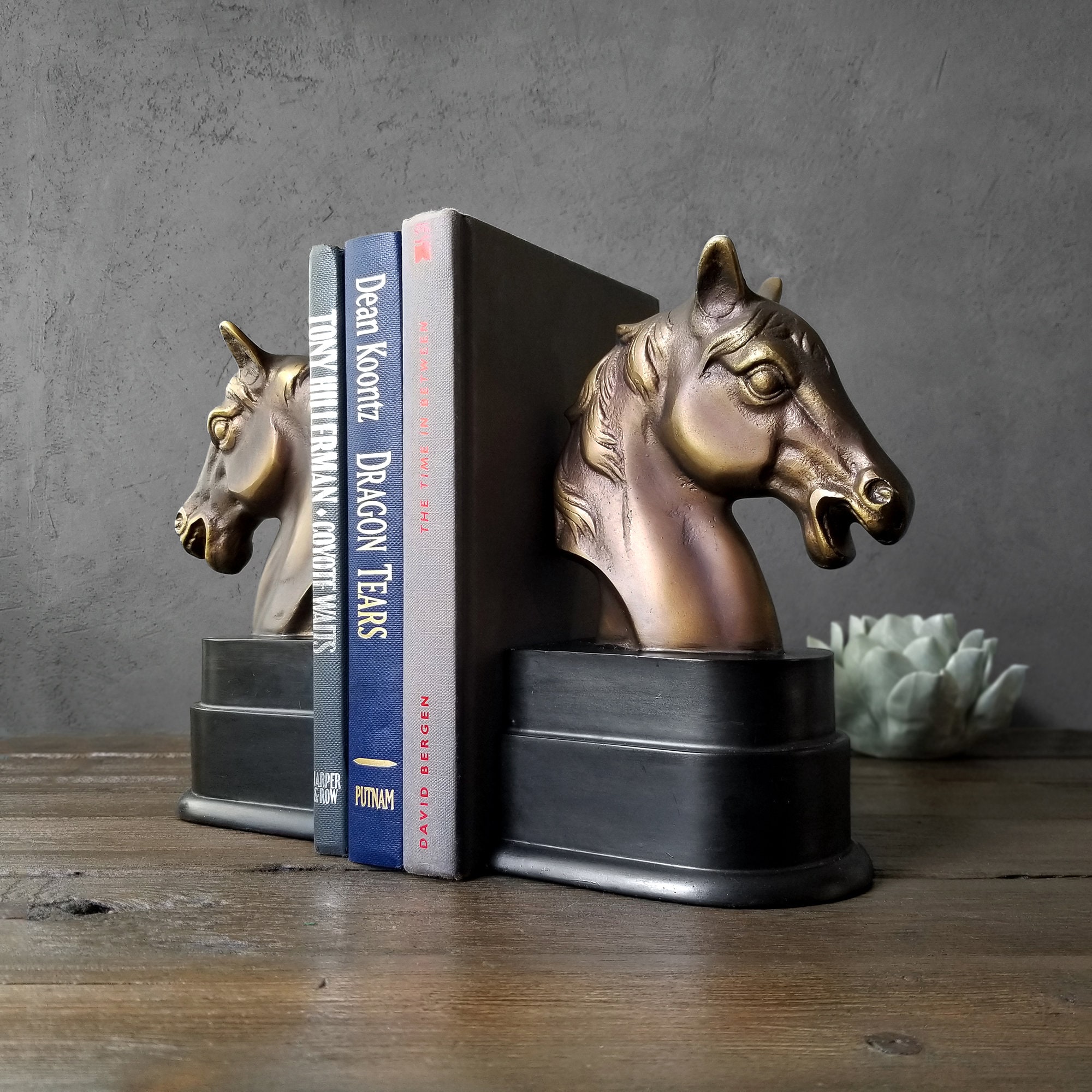 Horse Head Bookends - Bronze-tone on Black Wooden Base - Brass