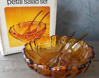 Large Amber Glass Floral Salad Bowl w/ Plastic Utensils & Original Box - Petal Salad Set - Vintage Indiana Glass