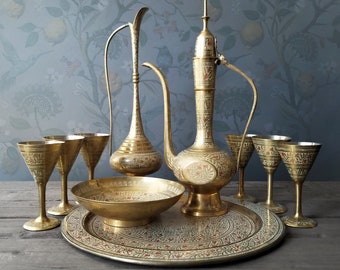 Brass Serving Set - Coffee, Tea, Espresso, Wine - Tray, Cups, Bowl, Ewer, Cruet - Vintage India