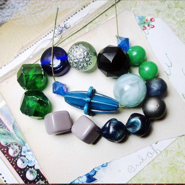 SALE Bead Soup no. 218 - Mostly Vintage Plastic Mix - Focals and Chvnky Pairs - Blue Glass - Green Rounds, Unusual Oval Focal - Grey Cubes