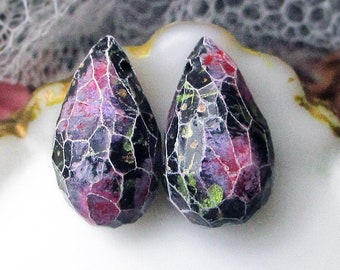 Faceted Polymer Clay Pair - 2 Rustic Faceted Teardrop Briolette Beads - Primitive Black w Pink, Berry Flowers - Green - Polymer Clay Pair