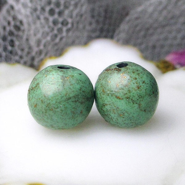 Polymer Clay Bead Pair - 2 Rustic Rounds - Primitive Faux Green Turquoise Rounds - GOld Leaf Flakes  - 10.5mm - Faux Stone Art Bead Set no4