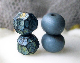 Polymer Clay Beads - 2 SMALL Rustic Pairs - Primitive Faceted Rounds + ROndelle Spacers - 8.5mm - Perfect for Earrings - Iridescent Blues