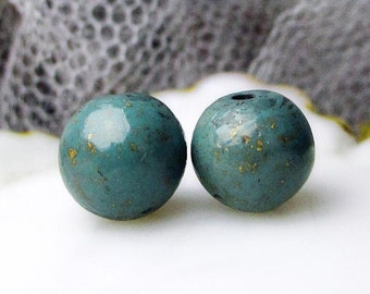 Polymer Clay Bead Pair - 2 Rustic Rounds - Primitive Teal Green Rounds w GOld Leaf Flakes - 10mm - Perfect for Earrings