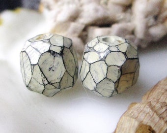 Faceted Polymer Clay Bead Pair - 2 Rustic Faceted Blockish Rounds - Primitive Off White with Subtle Millefiori Swirl - Art Bead Pair