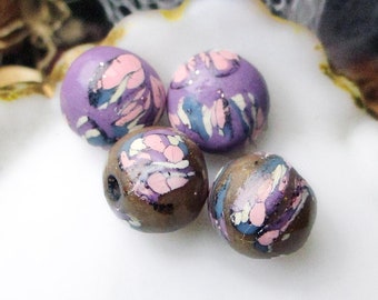 Handmade Polymer Clay Bead Set - 4 Rustic Beads - 2 Pairs - Millefiori Cane Beads - Rounds & Puffed Coins - Abstract Floral - Violet, Honey