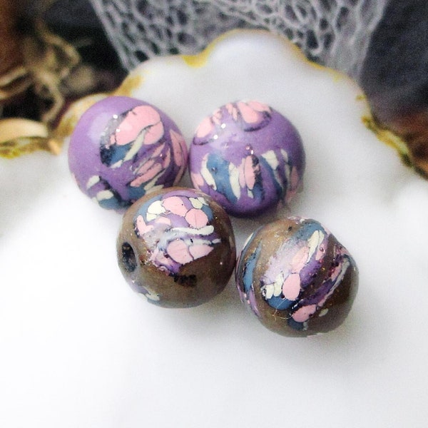 Handmade Polymer Clay Bead Set - 4 Rustic Beads - 2 Pairs - Millefiori Cane Beads - Rounds & Puffed Coins - Abstract Floral - Violet, Honey