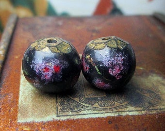 Polymer Clay Pair - 2 Rustic Hand Painted Abstract Flowers - Primitive Black w Violet, Berry Flowers - Faceted Ends - Perfect for Earrings