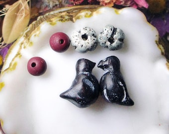 Handmade Polymer Clay Beads - 6 Rustic Beads - Folk Bead Set - Black Birds - Fluted Light Blue ROndelles - Small Wine SPacer ROunds