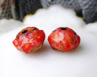 Handmade Polymer Clay Beads - 2 Rustic Rondelles - Primitive Pair - Perfect for Earrings - Sparkle Band - Faux Sugar - Peachy C0ral Orange