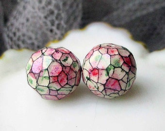 Faceted Polymer Clay Bead Pair - 2 Rustic Faceted Rounds - Primitive Cream with Iridescent Pink - Abstract Floral Roses - Iridescent - r510