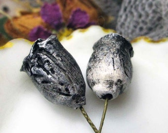 Polymer Clay Beads - 2 Rustic Roses - Flower Pair - Black & WHite Ombre w Metallic Silver TOuches - Perfect for Earrings - Unique  Pair