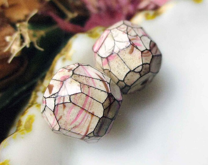 Faceted Polymer Clay Bead Pair - 2 Rustic Faceted Blockish Rounds ...