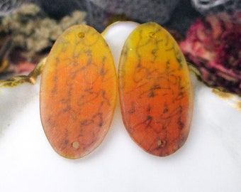 Handmade Earring Connectors | Rustic Ombre Sunset Oval Drops | Semitranslucent | Shrink Plastic | Fiery Orange & Yellow | Script Lines |