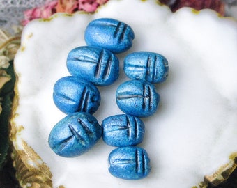 Handmade Polymer Clay Beads | 8 Rustic Mixed Beads | Iridescent Blue Scarabs | Chvbby Sculpted Ovals Beads | Graduated Size Insect Beetles