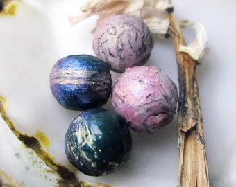 Handmade Polymer Clay Beads - 4 Rustic Beads - 2 Pairs - Sparkle Band & Faux Frit TExtured Rounds - Lilac + Blue - Perfect for Earrings