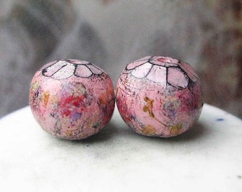 Polymer Clay Pair - 2 Rustic Beads - Hand Painted Abstract Flowers - Primitive Pink w Iridescent Flowers +Faceted Ends - no. pp510