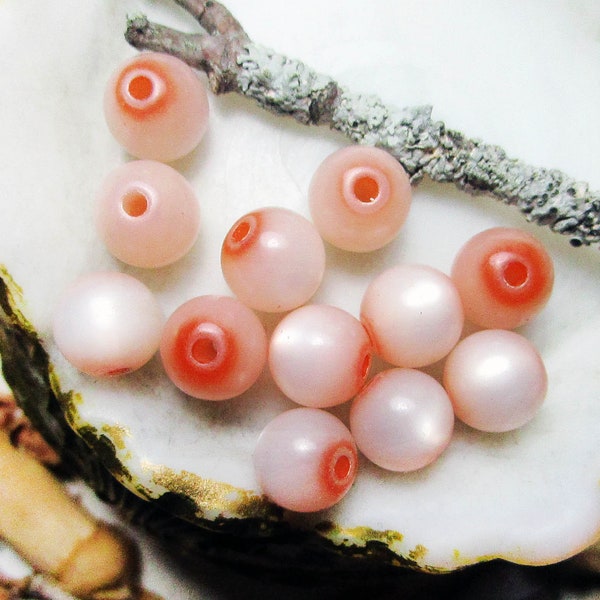 Vintage Japan Moonglow Beads - 12 Ice Pink Iridescent Rounds - 8mm - Frosty Glow - Salvaged Harvest - Signed Mid Century Japan Plastic Set