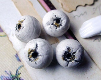 Polymer Clay Bead Set - 4 Rustic Beads - Rounds, ROndelles - Grungy White w Black & Metallic Gold Detailing - Primitive Pairs - Earring Bead