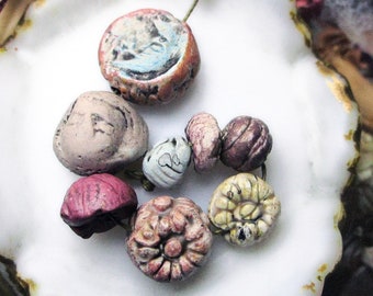 Handmade Polymer Clay Beads - 8 Rustic Beads - Buddha Moon Garden - Primitive Textured Rounds, Rondelles, Coins - Flowers - Cranberry, Blue
