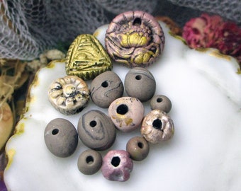 Handmade Polymer Clay Beads - 13 Rustic Beads & Charms - Primitive Mix - Eye of Providence Triangle, Floral Coin Charm, Neutral Spacers