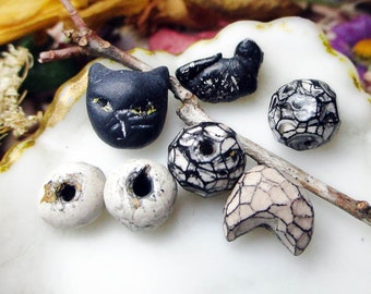 Handmade Polymer Clay Beads - 7 Rustic Beads - Primitive Black Cat Beads - Faceted Cream Moon & Millefiori Rounds- Kitty Cat Face