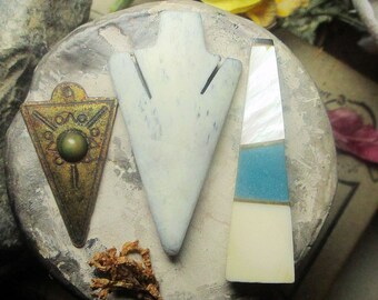 Assemblage Trio - 3 Components - Rustic Triangular Pendants - Hand Dyed Bone, Metal, Shell & Turquoise Inlay - Necklace Pendants Mix