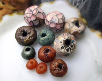 Handmade Polymer Clay Beads - 11 Rustic Beads - Primitive Mixed Set - Faceted ROunds & Swirl ROndelles - Terracotta Color Spacers, Green