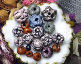 Handmade Polymer Clay Beads - 20 Rustic Beads - Botanical Mix - Primitive Textured Flower COins, FLoral ROndelles, Terracotta Color Spacers