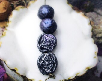 Handmade Polymer Clay Beads - 4 Rustic Beads - Primitive Textured ROunds + COins - Iridescent Violet & Metallic Silver on Black - Cameo Bead