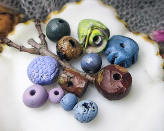 Handmade Polymer Clay Beads - 12 Rustic Beads - Primitive Eclectic Mix - Yellow Rose Pod, Blue Disc, Violet Spacers, Faux Bauxite, Textured