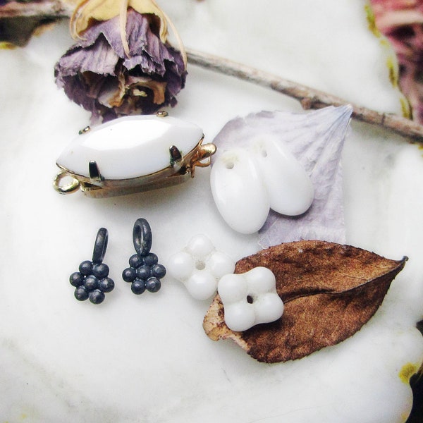 Assemblage Trio - 3 Components & Sets for Jewelry Making - Vintage Navette Gem Box Clasp, Tiny Metal Flower Charm Pair, Milk Glass Bead Set
