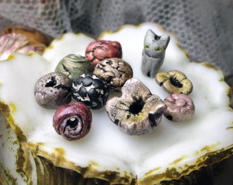 Handmade Polymer Clay Beads - 10 Rustic Beads - Cat Garden - Primitive Grey Cat Figural - Textured Rounds, Rondelles - Sculpted Flower Pods