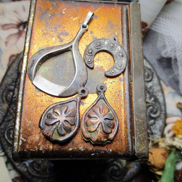 Assemblage Trio - 3 Components - Lucky Charms Set - Rustic Oxidized Clover Drop Charm Pair, Ox Horeshoe Pendant Charm, Vintage Wishbone