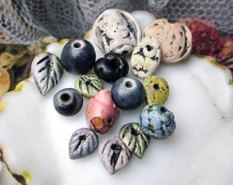 Handmade Polymer Clay Beads - 15 Rustic Beads - Primitive FOlk Mix - Iridescent Leaves, Gnome & Leafy COins, ROunds, ROse Drop, Slate