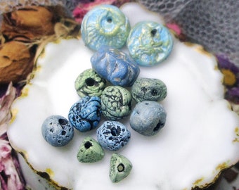 Handmade Polymer Clay Beads - 12 Rustic Beads - Primitive Oceanic COlor Mix - Textured Coins, ROndelles, Rounds, Tiny Pyramids - Blue, Green