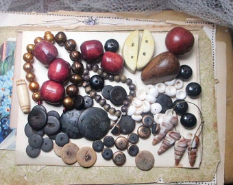 SALE Bead Soup no. 220 | Mixed Neutrals Lot | Organic Materials | Wood, Shell, Bone, Coconut | Brown, Cream White, Black | Discs, Barrels