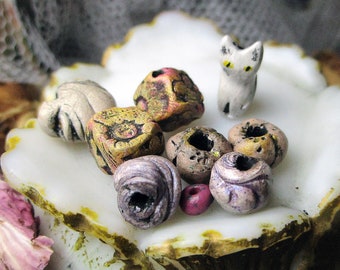 Handmade Polymer Clay Beads - 9 Rustic Beads - Cat Garden - Primitive White Cat Figural - Floral Diamond Cubes - Rondelles - Sculpted Twists