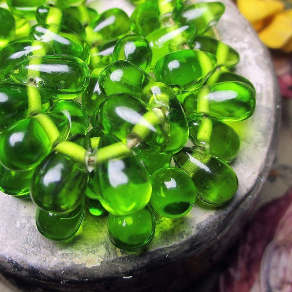 Rustic Glass Beads | 20 Green Pressed Glass Teardrop Briolette Beads | Small Translucent Indian Glass | Light Emerald | Sci-fi Green Glam