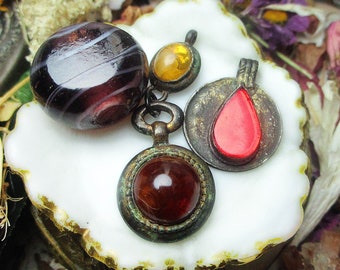 Assemblage Trio - 3 Components - Rustic Vintage Metal Pendants & Large Rustic Glass Plum Focal Bead - Kuchi Pendant w Red Teardrop Gem